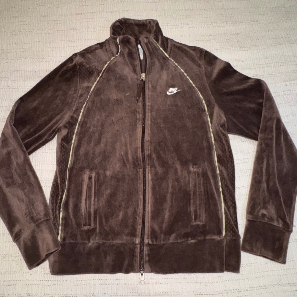 Vintage‎ Nike Sportswear Women Velour Track Jacket Brown Zip Mock Neck Size M